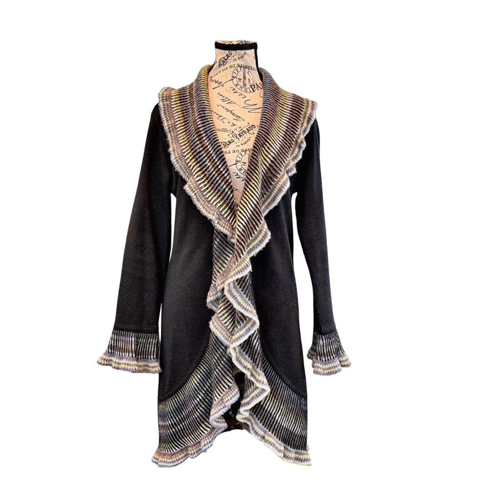 ANGEN Merino Wool Ruffle Shawl Collar Cardigan | Small | Multicolor Trim | Italy
